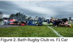 Bath Rugby Club pushing against an F1 Race Car