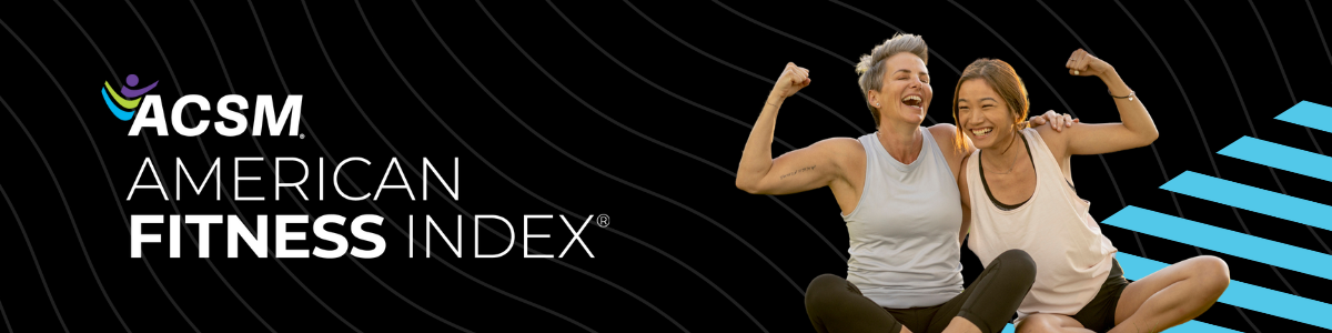 American Fitness Index logo next to two women hugging and making strong arm motions wearing fitness attire