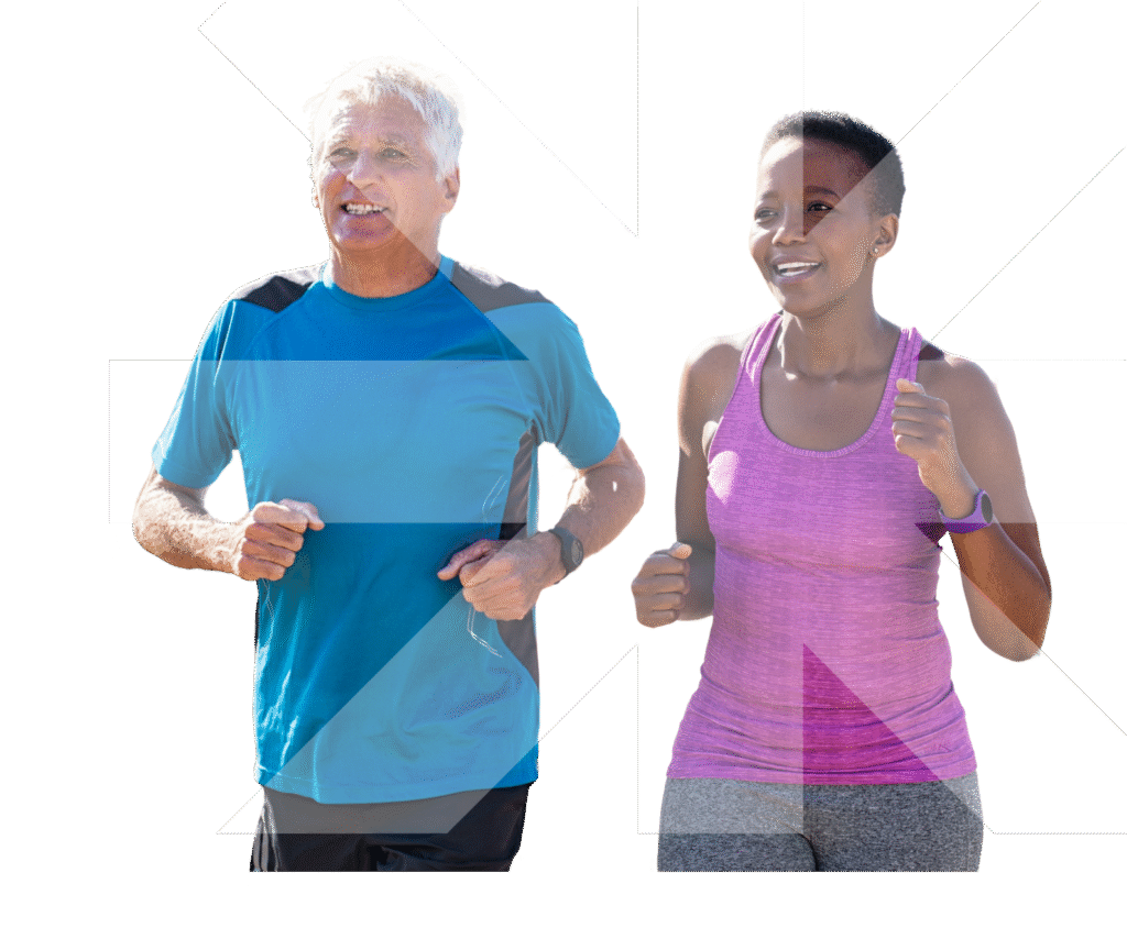 white male in a blue shirt and black female in purple tank top, jogging